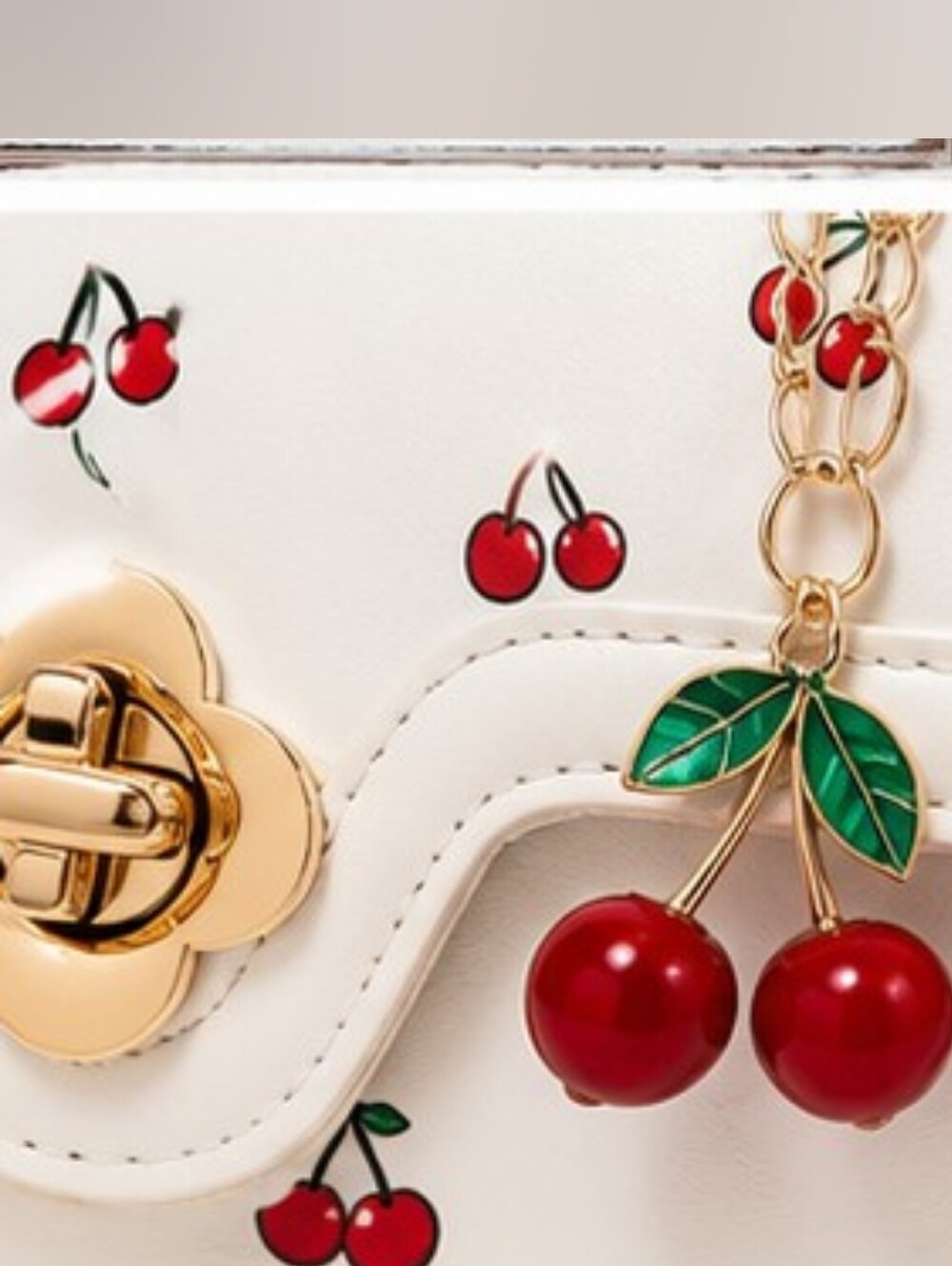Cherry Print Mini Crossbody Bag White Gold Hardware Cherry Charm - Picture 3 of 7